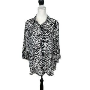 Alia Woman Blouse Plus Size 16W Black & White Button Animal Print 3/4 Sleeves